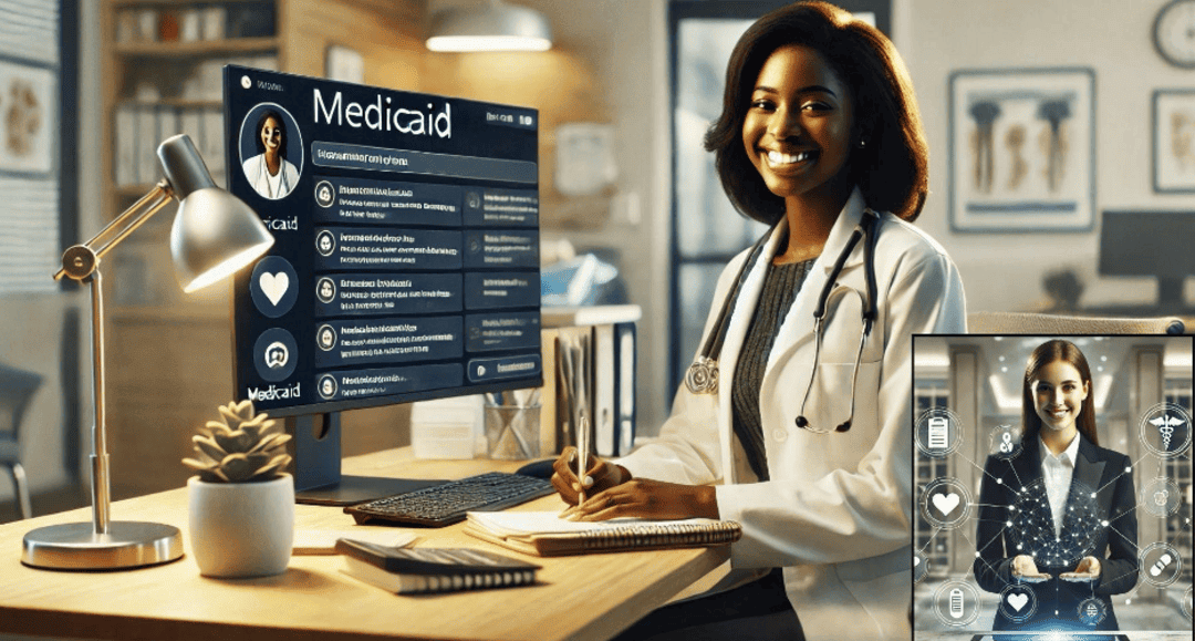 smiling female doctor working on a computer at her desk