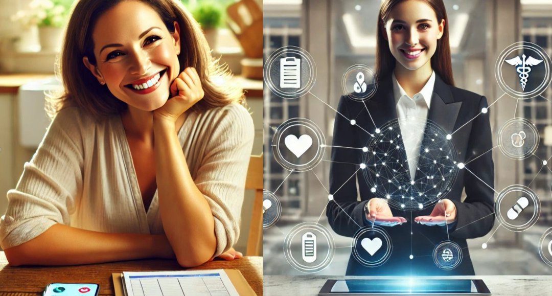 split screen: left a happy middle aged woman sitting at the table with a notepad and phone and on the right a smiling woman representing the concept of AI juggling many digital tasks