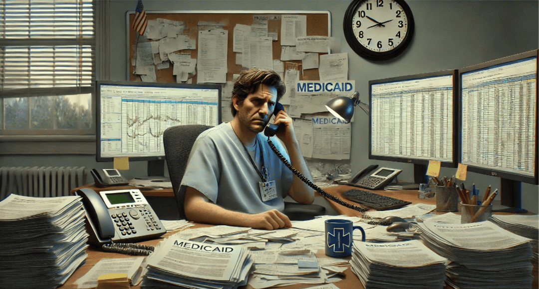 Stressed male doctor on the phone sitting at a desk